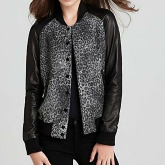 REBECCA TAYLOR Rare Leather and Wool Leopard Print Bomber Jacket